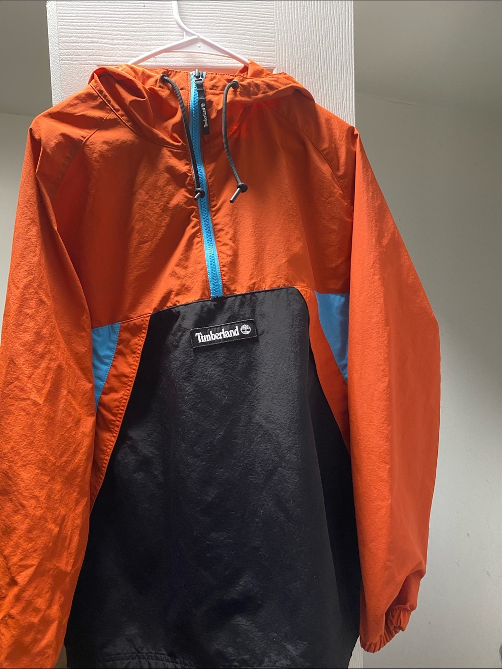 Timberland Orange Black Hooded Windbreaker with Blue Accents